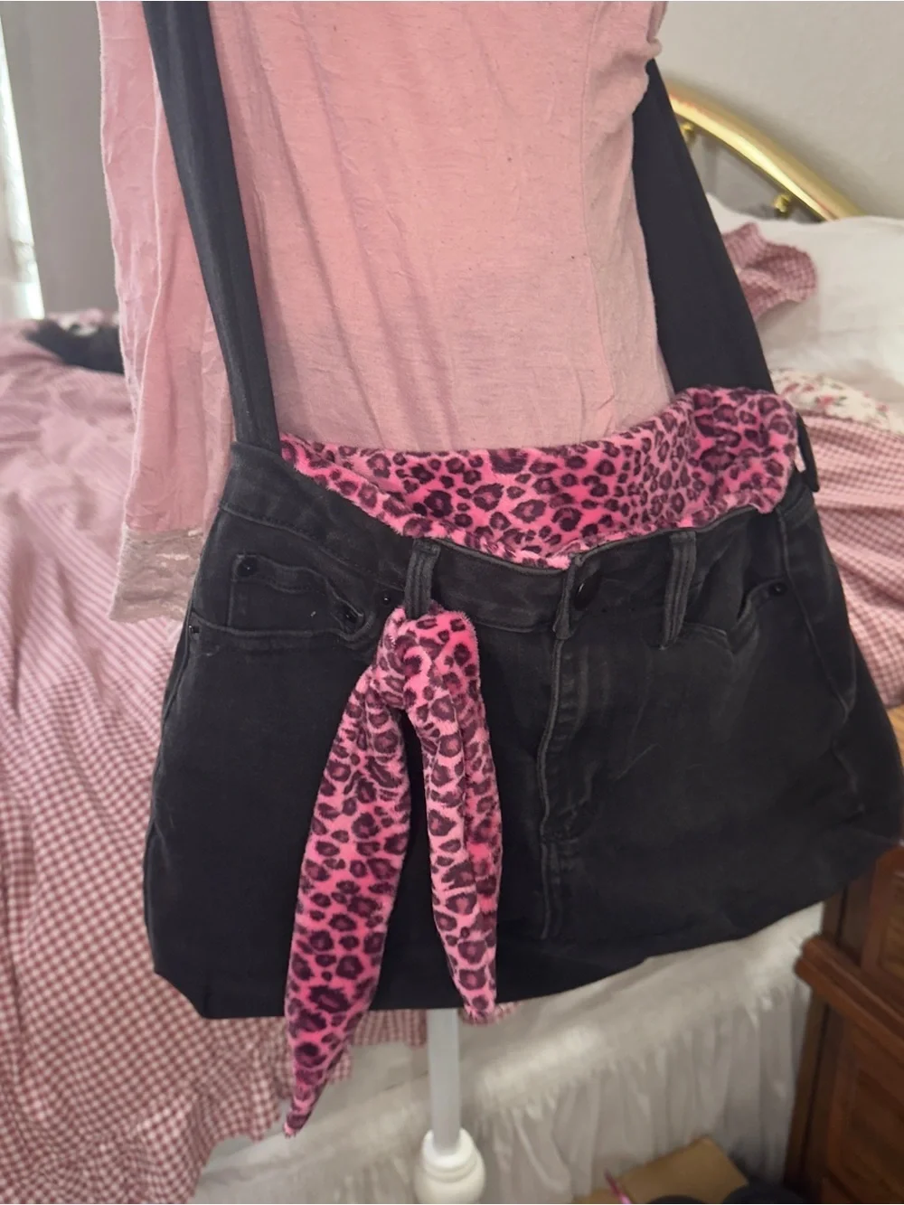 Black Canvas Crossbody Bag with Pink Leopard Accent - Women's Crossbody